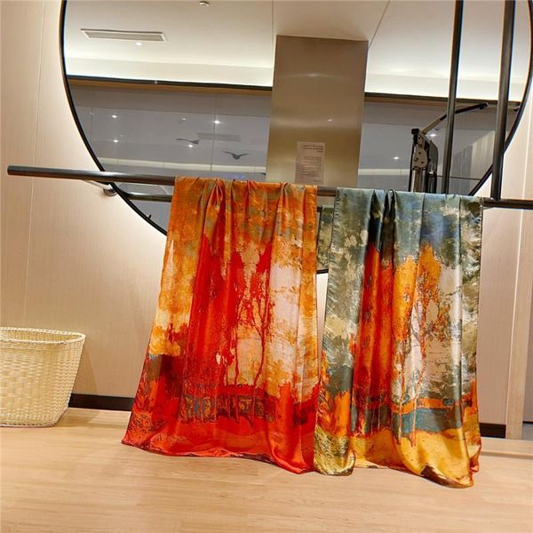 scarves fashionable silk chinese style ethnic landscape painting scarf oversized sunscreen women summer thin section with gau, Blue;gray